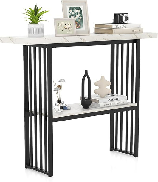 Tavolo da Ingresso Stretto e Compatto, Tavolo da Divano in Finto Marmo con Struttura in Acciaio, Consolle Moderno per Salotto e Corridoio, 120 x 29,5 x 92,5 cm (Nero e Bianco)