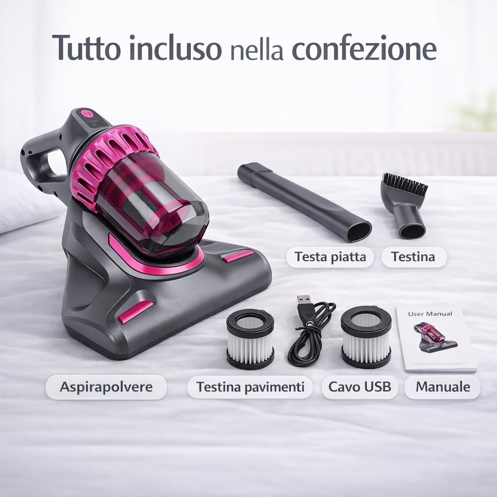 Aspirapolvere Senza Fili 4 in 1 Ricaricabile 100W, Scopa Elettrica Wireless Senza Sacco con Luce UV-C Antiacaro, Display LCD, 3 Velocità, Filtro EPA Lavabile, Autonomia 45 Min, Accessori Inclusi.