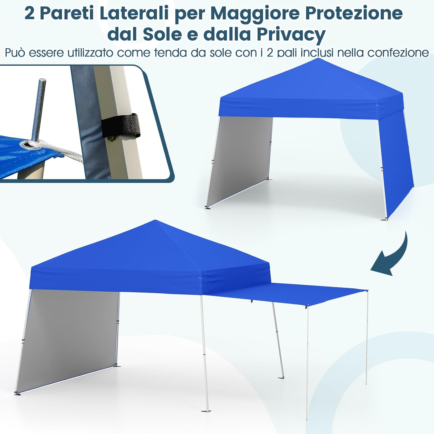 Gazebo Pieghevole 430 x 280 cm, Gazebo da Esterno con Pareti Laterali Convertibili in Tenda da Sole, 8 Picchetti, 4 Corde Antivento, Tendone Impermeabile per Feste (Blu)