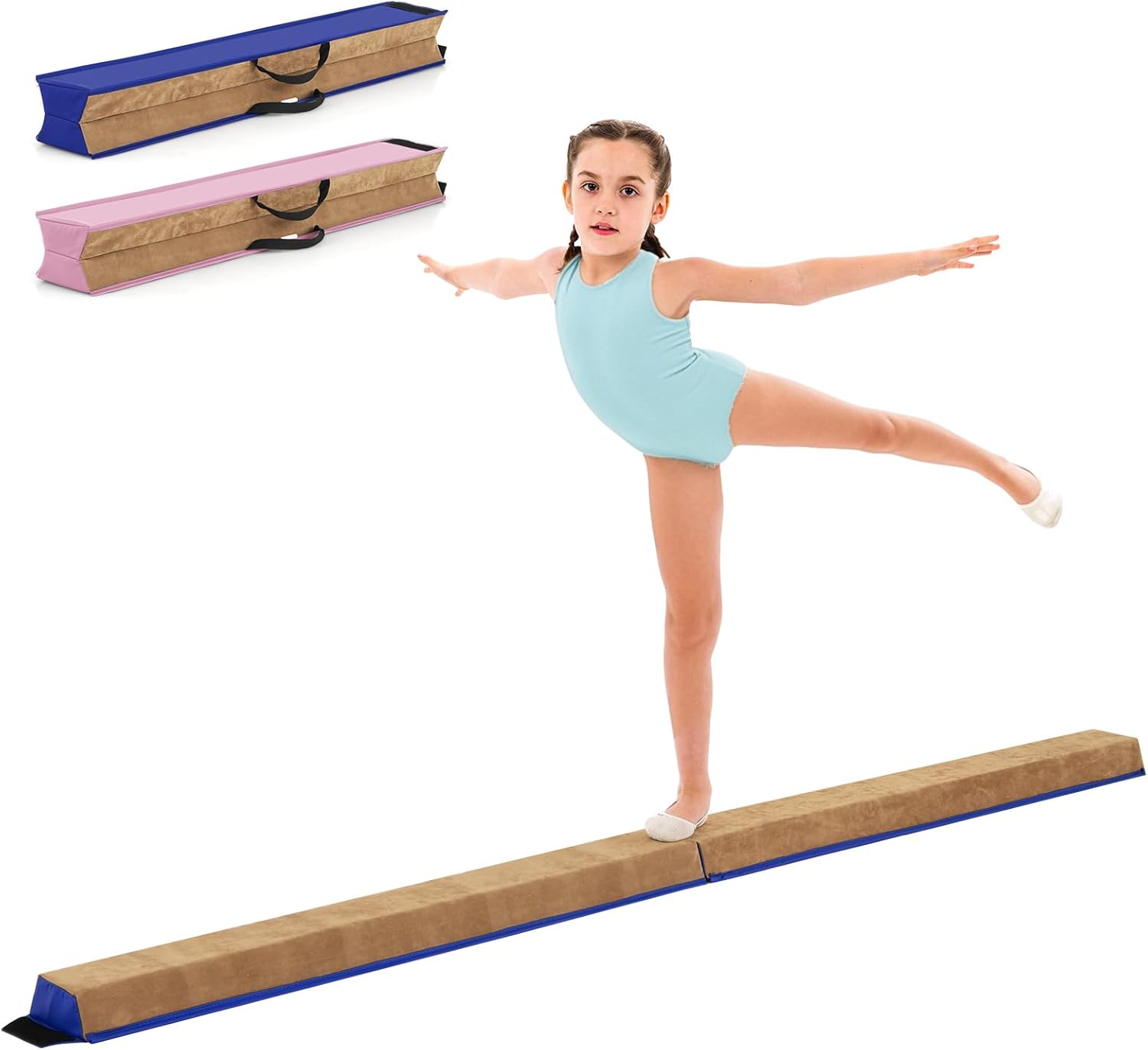 Trave da Ginnastica per Bambini Pieghevole 240 cm, Trave di Equilibrio Portatile conSuperficie in Pelle Scamosciata e Schiuma Morbida, Attrezzatura per Ginnastica a Casa