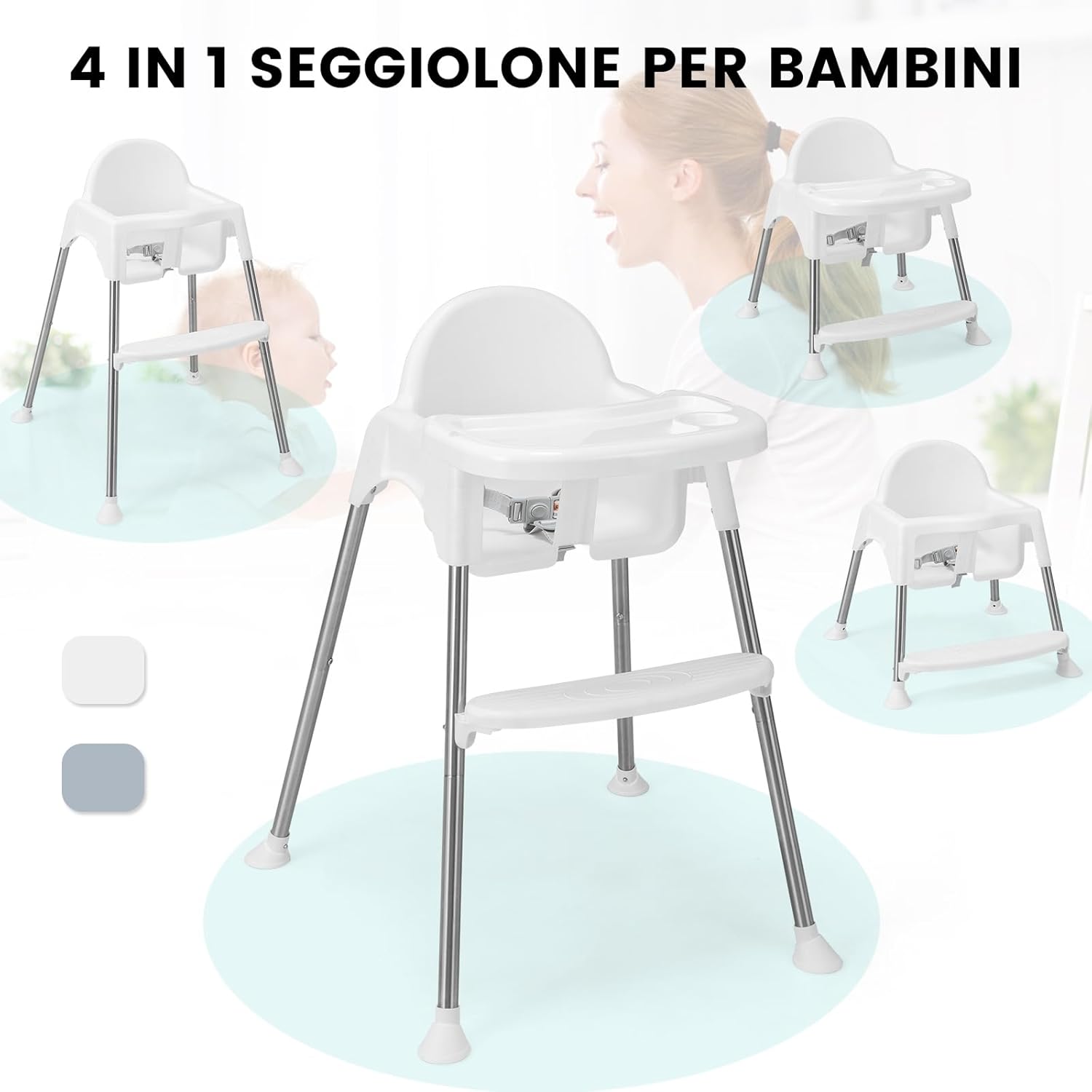 4 in 1 Seggiolone Papa per Bambini, Seggiolone per Neonati con Doppio Vassoio Rimovibile a 2 Posizioni, Cintura di Sicurezza e Poggiapiedi, per Bambini 6-36 Mesi (Bianco)