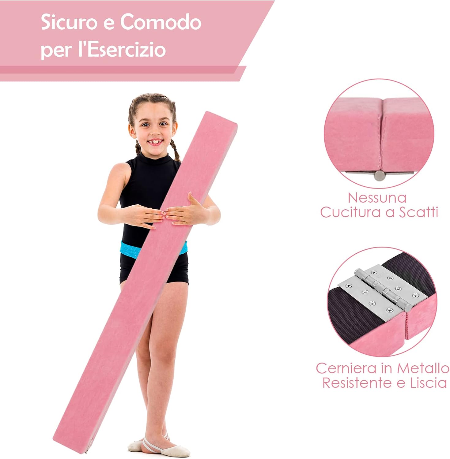 Trave Ginnastica Artistica per Casa 210/240 cm, Trave Pieghevole per Bambini con Maniglia, Base in Legno e Fondo Antiscivolo, Trave di Equilibrio da Pavimento