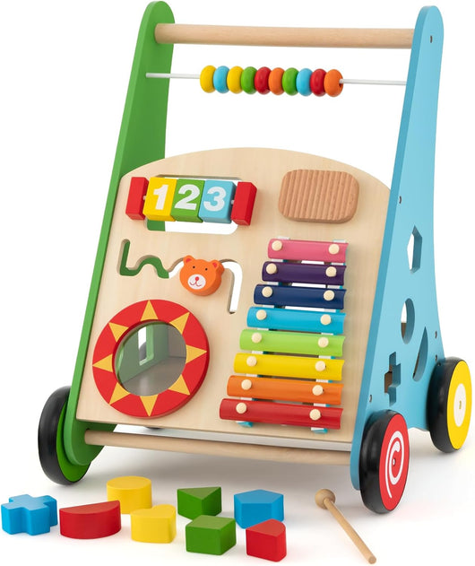 Girello in Legno per Bambini con Maniglie, Camminatore Multifunzionale per Neonati, Girello Primi Passi con Centro Attività, Giocattolo Montessori con Ruote, per Bambini 1+Anni (Colorato)