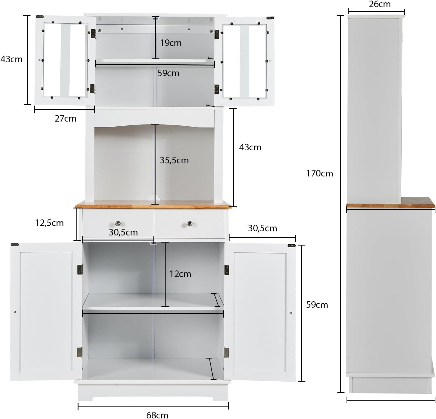 Mobile dispensa da cucina autoportante, Buffet con Piano in Legno, Credenza e 2 Cassetti, Ripiani Regolabili, Armadietto con Ante in Vetro, Spazio Aperto per Forno a Microonde, Bianco
