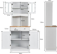 Mobile dispensa da cucina autoportante, Buffet con Piano in Legno, Credenza e 2 Cassetti, Ripiani Regolabili, Armadietto con Ante in Vetro, Spazio Aperto per Forno a Microonde, Bianco