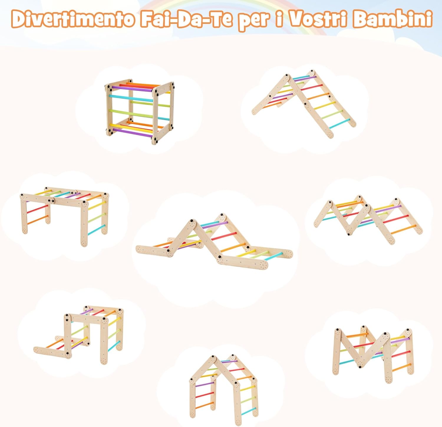 5 in 1 Set da Arrampicata per Bambini, Giochi da Arrampicata Pieghevoli in Legno con Rampe Regolabili e Reversibili, Scala da Arrampicata per Bambini 3+ Anni (Colorato)