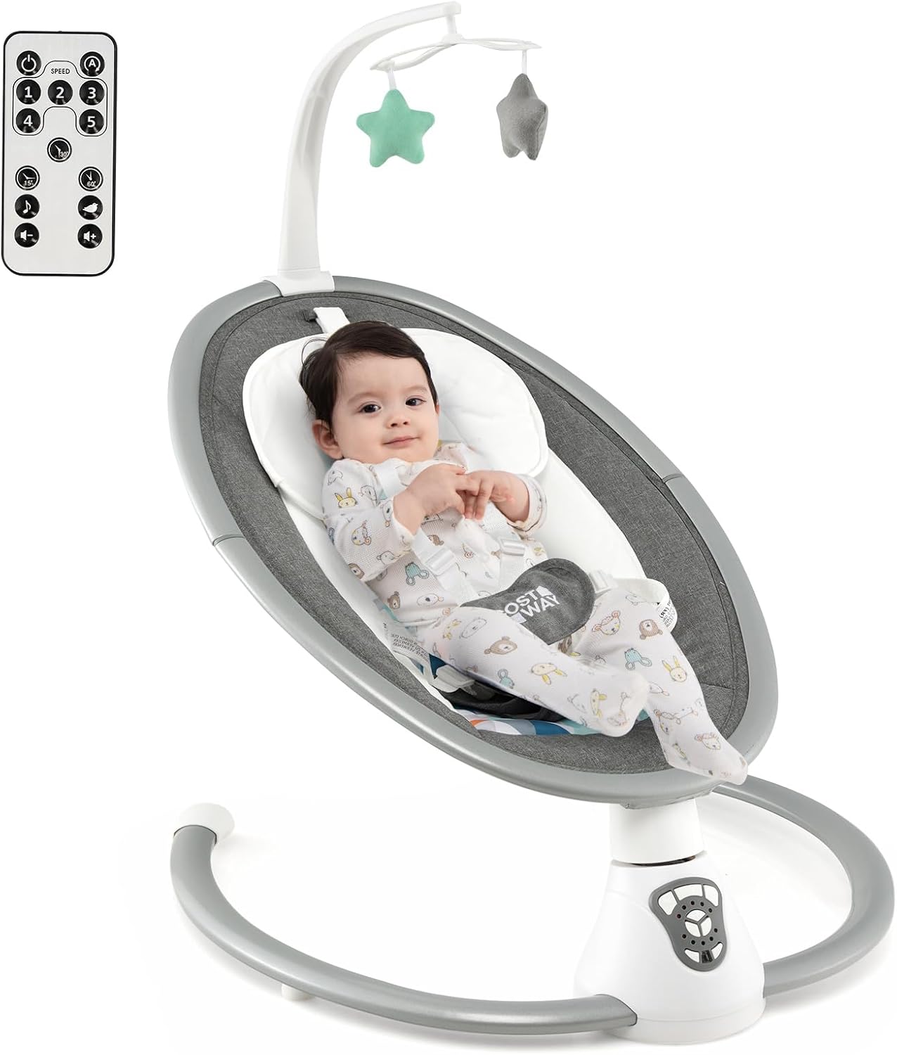 Sdraietta Elettrica Neonati con 12 Melodie e Cuscino Riduttore, 5 Livelli di Dondolante (Velocità e Dondolante), Caricabatterie USB, Telecomando, Cinture di Sicurezza (GRIGIO)