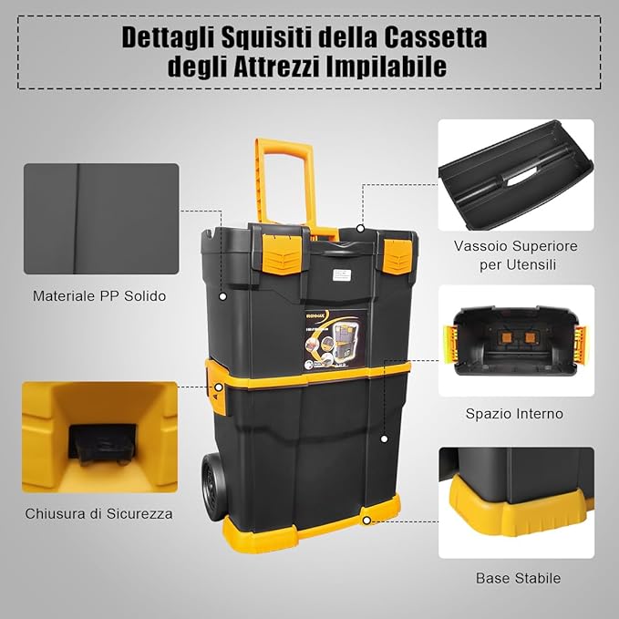 Trolley per Attrezzi 3 in 1, Portautensili a 3 Parti in PP con Ruote e Maniglia, Soluzione Portatile per Attrezzi da Officina e Garage, 46 x 28 x 66,5 cm, Nero e Giallo