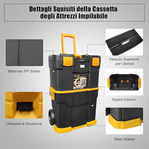 Trolley per Attrezzi 3 in 1, Portautensili a 3 Parti in PP con Ruote e Maniglia, Soluzione Portatile per Attrezzi da Officina e Garage, 46 x 28 x 66,5 cm, Nero e Giallo