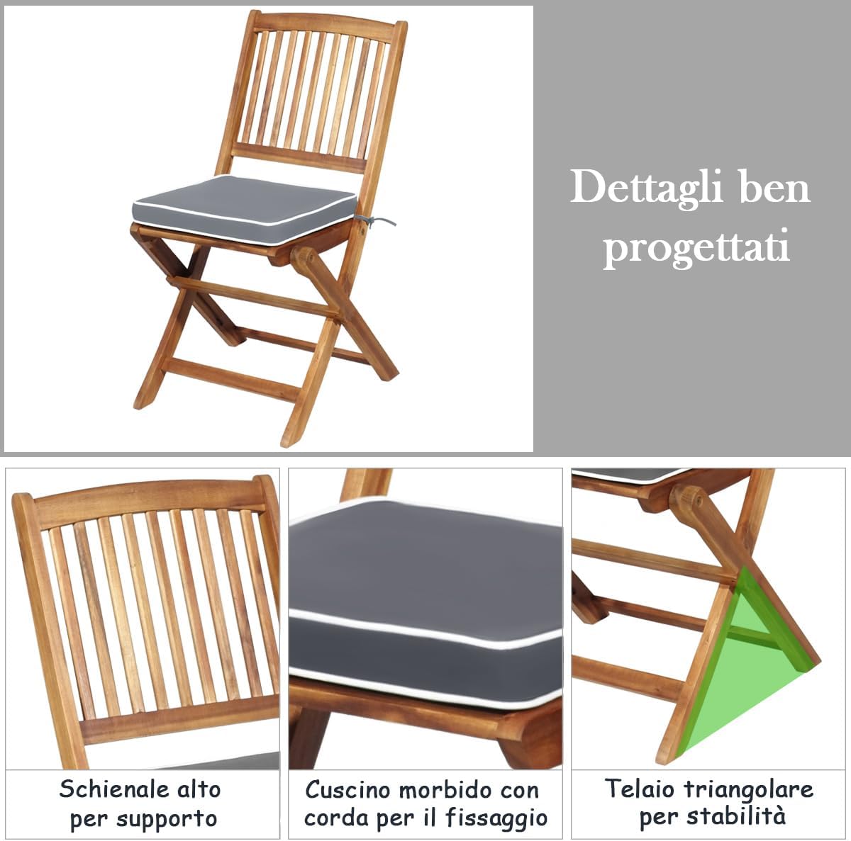 Set Tavolino e Sedie da Girdino Pieghevole, Set da Bistro 3 Pezzi in Legno di Acacia, con Cuscino, Set di Mobili da Esterno, Tavolino Portato 80kg, Sedie Portate 160kg (Cuscino Grigio)