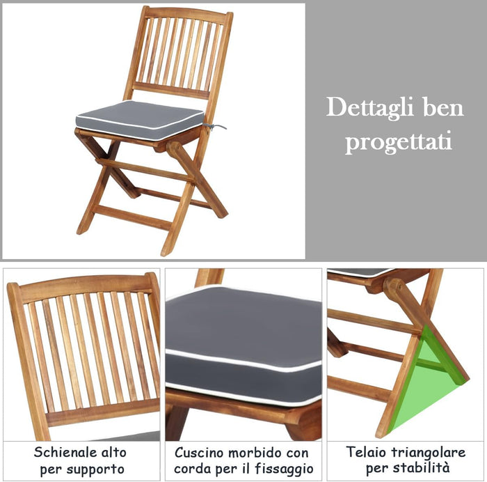Set Tavolino e Sedie da Girdino Pieghevole, Set da Bistro 3 Pezzi in Legno di Acacia, con Cuscino, Set di Mobili da Esterno, Tavolino Portato 80kg, Sedie Portate 160kg (Cuscino Grigio)