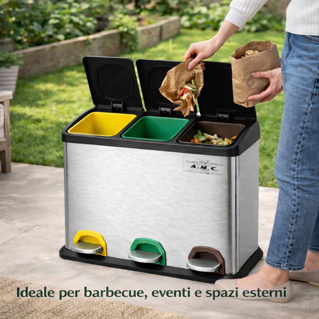 Pattumiera Differenziata 45L (3x15L) con Pedale, Cestino Raccolta Triplo da Cucina in Acciaio Metallico, 3 Scomparti con Coperchio, Colore Argento e Nero.