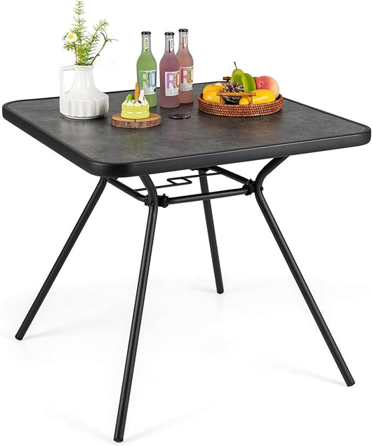 Tavolo da Pranzo per Esterno, Tavolo Quadrato da 80 cm con Foro per Ombrello da 4 cm e Coperchio, Tavolino Bistro in Metallo Robusto per Giardino, Portata 100 kg