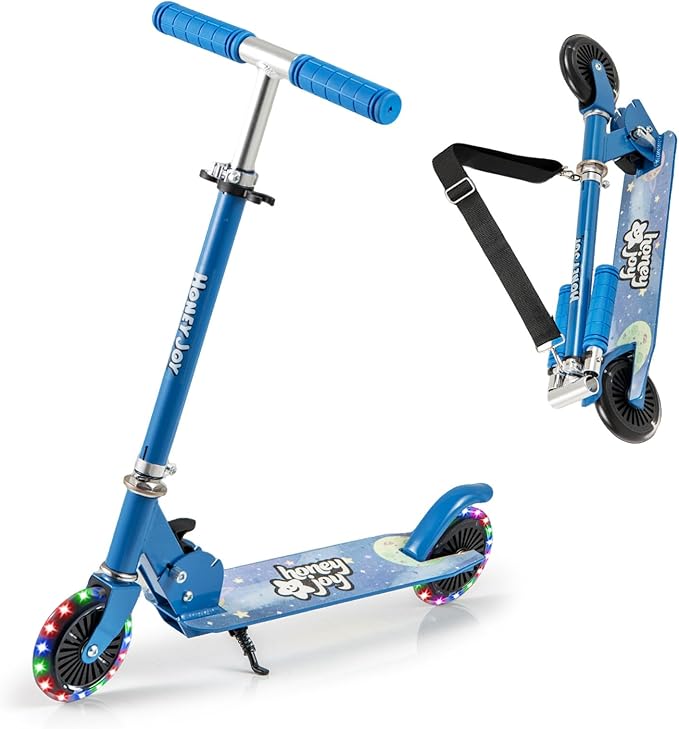 Monopattino per Bambini Pieghevole e Portatile, Monopattino a 2 Ruote con Manubrio Regolabile, Ruote Luminose a LED, Freno Posteriore e Tracolla, Ideale per Bambini e Bambine 3+