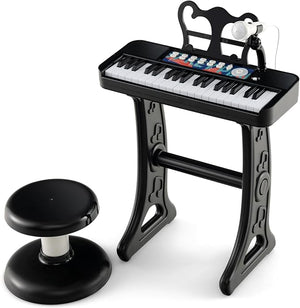 Pianoforte per Bambini a 37 Tasti, Strumento Musicale Elettronico con Microfono Regolabile e Leggio Rimovibile, Sgabello Abbinato, per Bambini di 3+ Anni (Nero)
