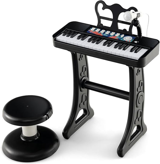 Pianoforte per Bambini a 37 Tasti, Strumento Musicale Elettronico con Microfono Regolabile e Leggio Rimovibile, Sgabello Abbinato, per Bambini di 3+ Anni (Nero)