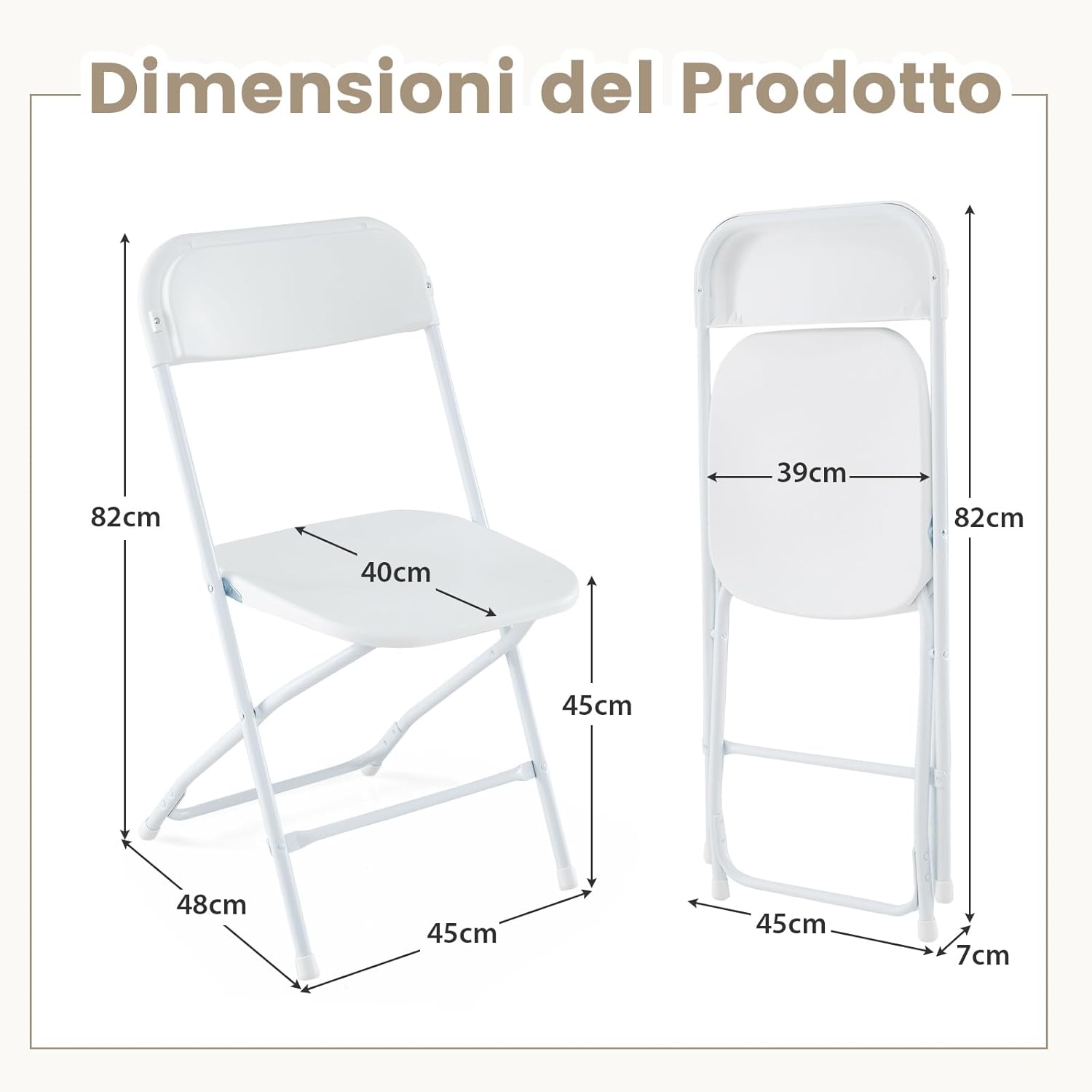 Set di 4 Sedie Pieghevoli in Metallo, Sedie da Patio Portatili con Sedile e Schienale in Plastica, Struttura in Metallo, Sedie da Pranzo per Esterno e Interno, Portata 350 kg, 48 x 45 x 82 cm