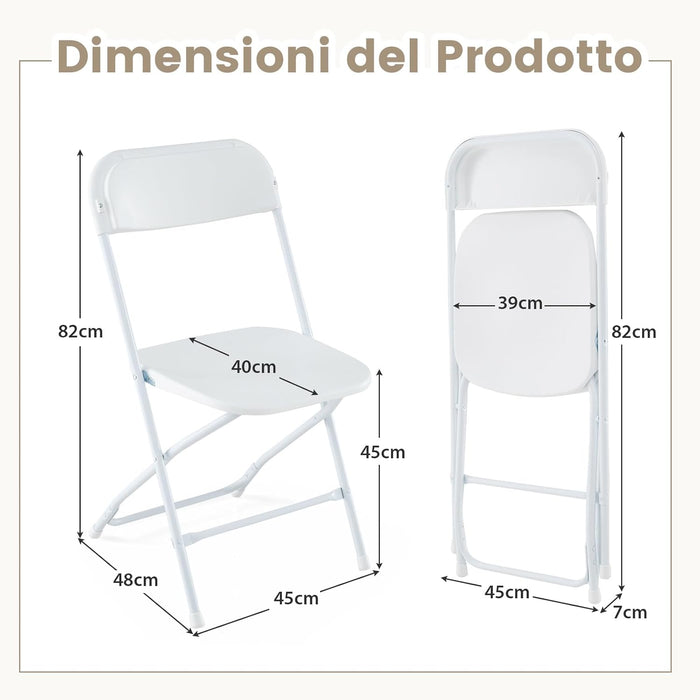 Set di 4 Sedie Pieghevoli in Metallo, Sedie da Patio Portatili con Sedile e Schienale in Plastica, Struttura in Metallo, Sedie da Pranzo per Esterno e Interno, Portata 350 kg, 48 x 45 x 82 cm