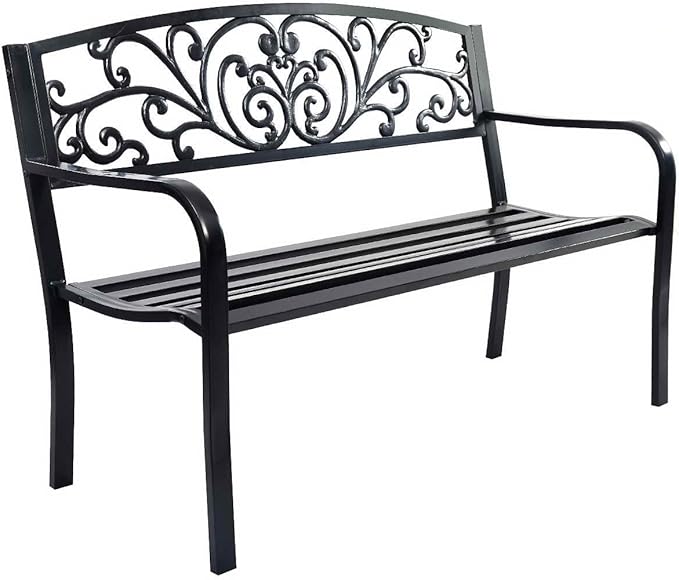 Panchina da Esterno, Panchina in Metallo Verniciato con Schienale Bello, Sedile Ampio e Braccioli Ergonomici, Panca da Giardino, Balcone e Cortile, 126 x 60 x 85 cm (Nero)