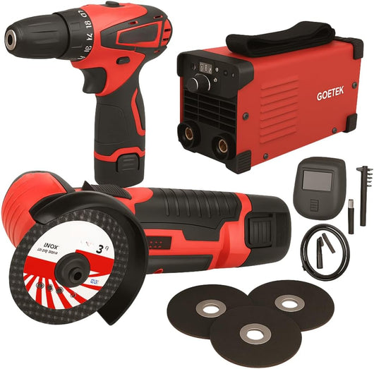 Set Saldatrice Inverter 400A MMA IGBT, + Mini Avvitatore + Mini Smerigliatrice, con 2 Batterie 48V e Caricatore, Kit Professionale Compatto e Potente con Display LED, 3 Dischi, Elettrodo e Lift TIG