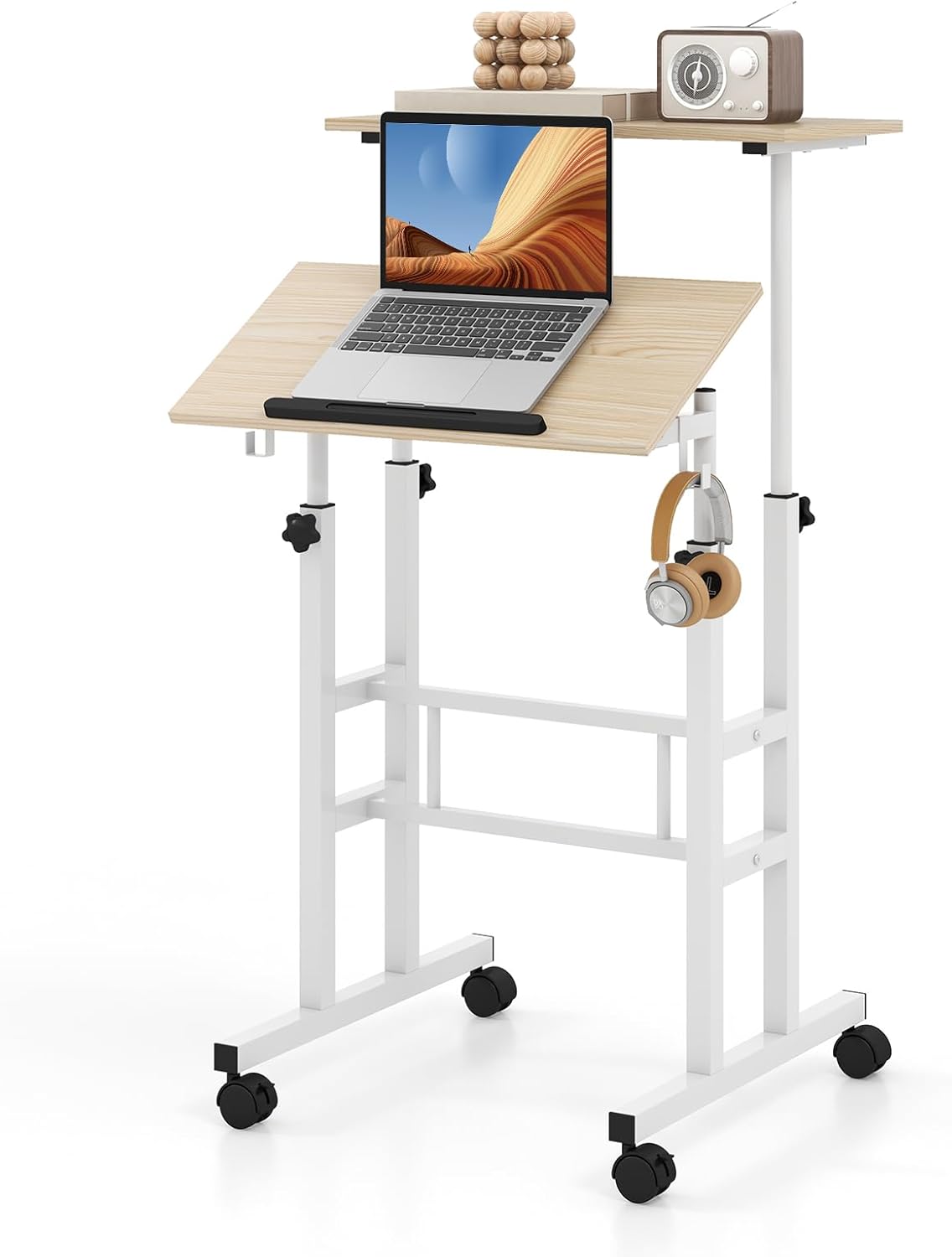 Scrivania per Computer Regolabile in Altezza, Postazione di Lavoro per Computer con Ruote e Ganci, Tavolo Porta PC per Studio e Ufficio, 60 x 60 x 72-124 cm (Naturale)