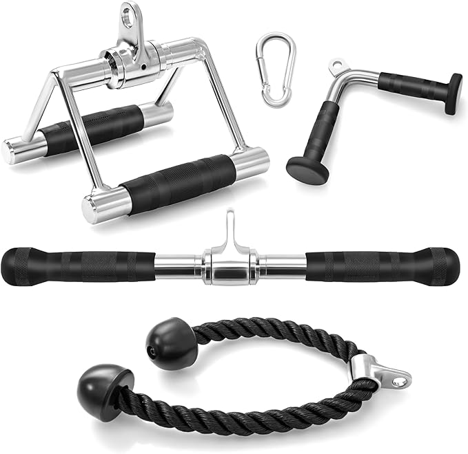 Set di Accessori per Macchine a Cavi, Accessori per LAT Pulldown incl. Maniglia a Forma di V, Barra Rettangolare, Corda per Tricipiti e Maniglia a Doppio D, Accessori per Macchine da Allenamen