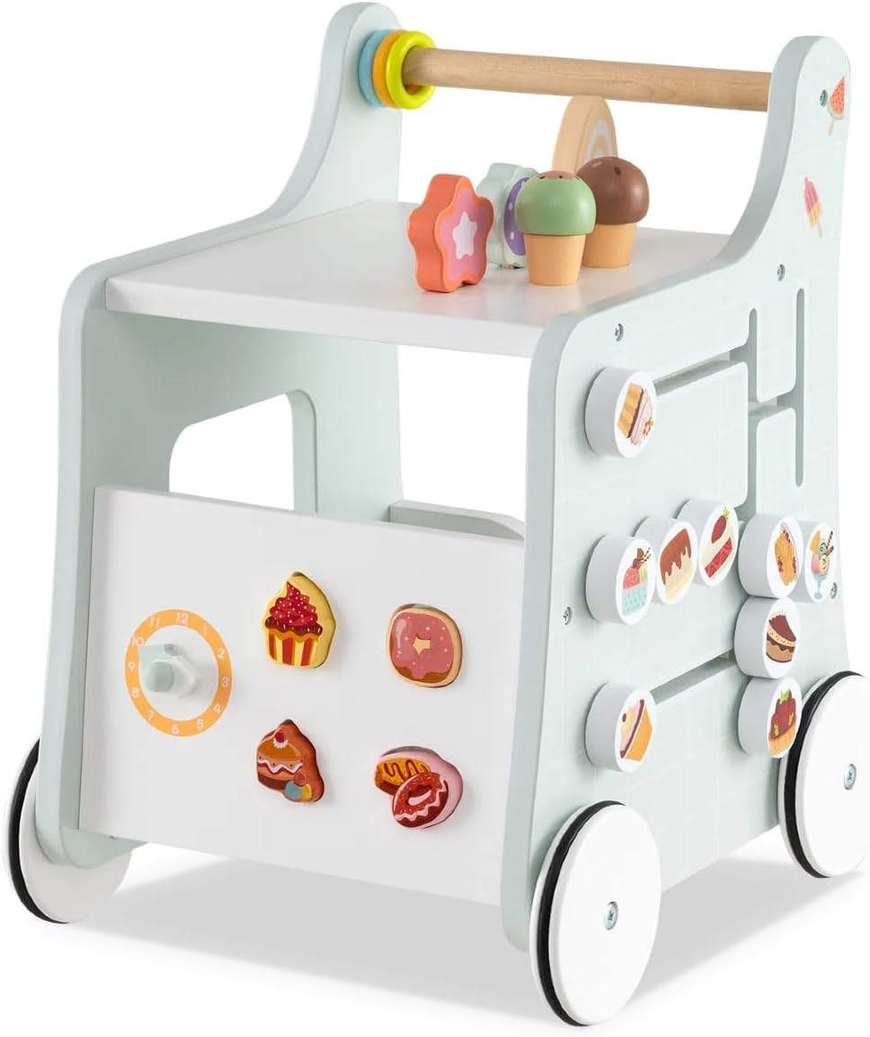 Girello 2 in 1 per Bambini, Carrello Primi Passi in Legno con Spazio di Archiviazione, Negozio di Dolci con Gelati, Cursori, Labirinto, Piatto e Cucchiaio, Centro Attività per 1+ Anni (Verde)