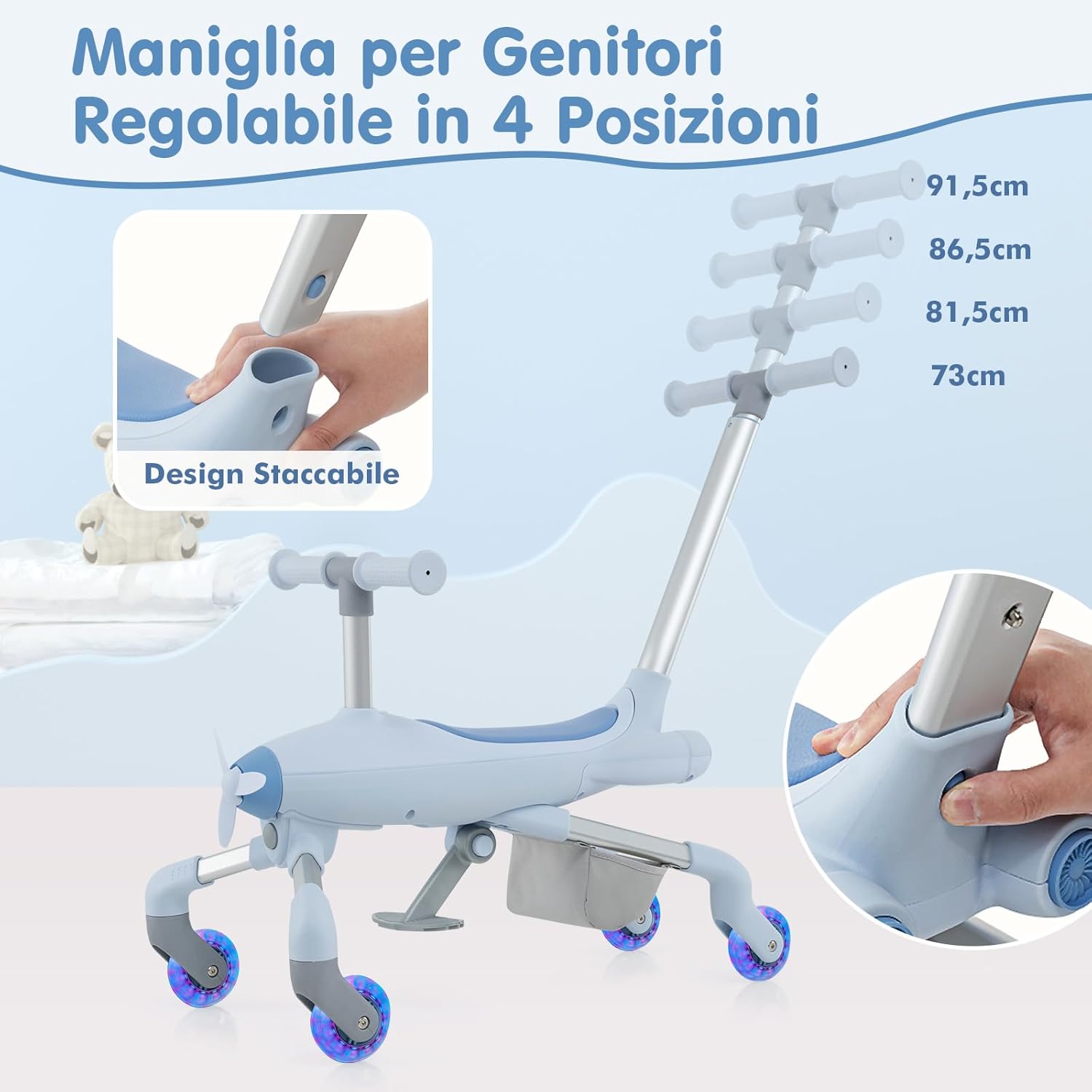 2 in 1 Auto a Spinta per Bambini, Giocattolo Scorrevole con Luci a LED Maniglia Rimovibile e Regolabile, Poggiapiedi Pieghevole e Cestino Posteriore Portaoggetti, per Bambini 18-70 Mesi (Blu)