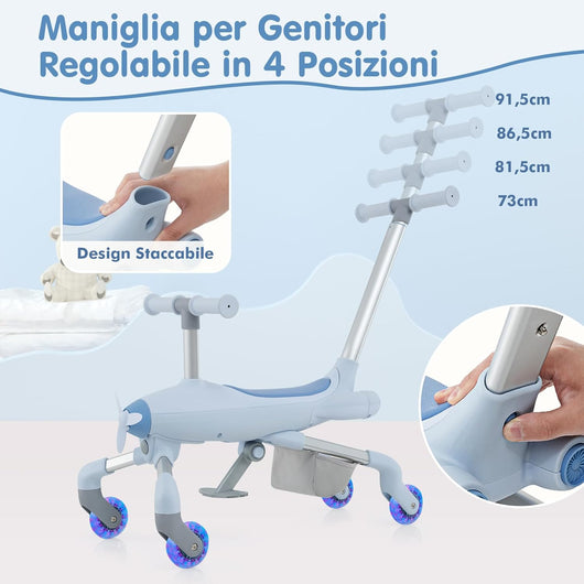 2 in 1 Auto a Spinta per Bambini, Giocattolo Scorrevole con Luci a LED Maniglia Rimovibile e Regolabile, Poggiapiedi Pieghevole e Cestino Posteriore Portaoggetti, per Bambini 18-70 Mesi (Blu)
