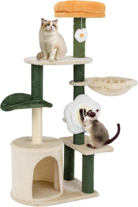 Tiragraffi per Gatto Alto 114 cm Forma di Fiore, Albero Tiragraffi Gatto con Amaca, Grotta e Palla Pompon, Torre Tiragraffi per Gatti con Pali e Tavola in Sisal, Verde e Beige