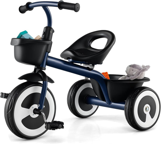 Triciclo per Bambini, Trike con Sede Regolabile Cestini Anteriori e Posteriori, Bicicletta a 3 Ruote con Telaio in Ferro Carbonioso di Alta Resistenza, per Bambini 1,5-5 Anni (Blu)