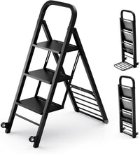 Scala a 3 Gradini Pieghevole con Ruote, 2 in 1 Scala e Carrello a Mano, Carrello a Mano con Ampie Pedane, Carrello Portapacchi a Scala in Metallo, Carico Massimo 250 kg