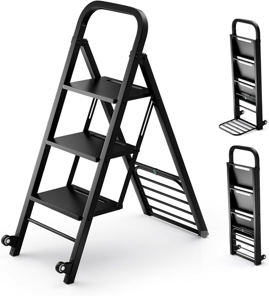 Scala a 3 Gradini Pieghevole con Ruote, 2 in 1 Scala e Carrello a Mano, Carrello a Mano con Ampie Pedane, Carrello Portapacchi a Scala in Metallo, Carico Massimo 250 kg