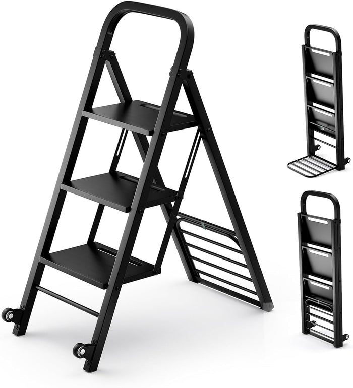 Scala a 3 Gradini Pieghevole con Ruote, 2 in 1 Scala e Carrello a Mano, Carrello a Mano con Ampie Pedane, Carrello Portapacchi a Scala in Metallo, Carico Massimo 250 kg
