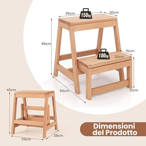 Sgabello Scala in Legno di Abete a 2 Gradini a Ribalta, Scaletta Pieghevole Salvaspazio per Bagno e Libreria, Scaletta Portavasi Multiuso Mensola Fioriere per Balconi e Casa, 50 x 39 x 45 cm