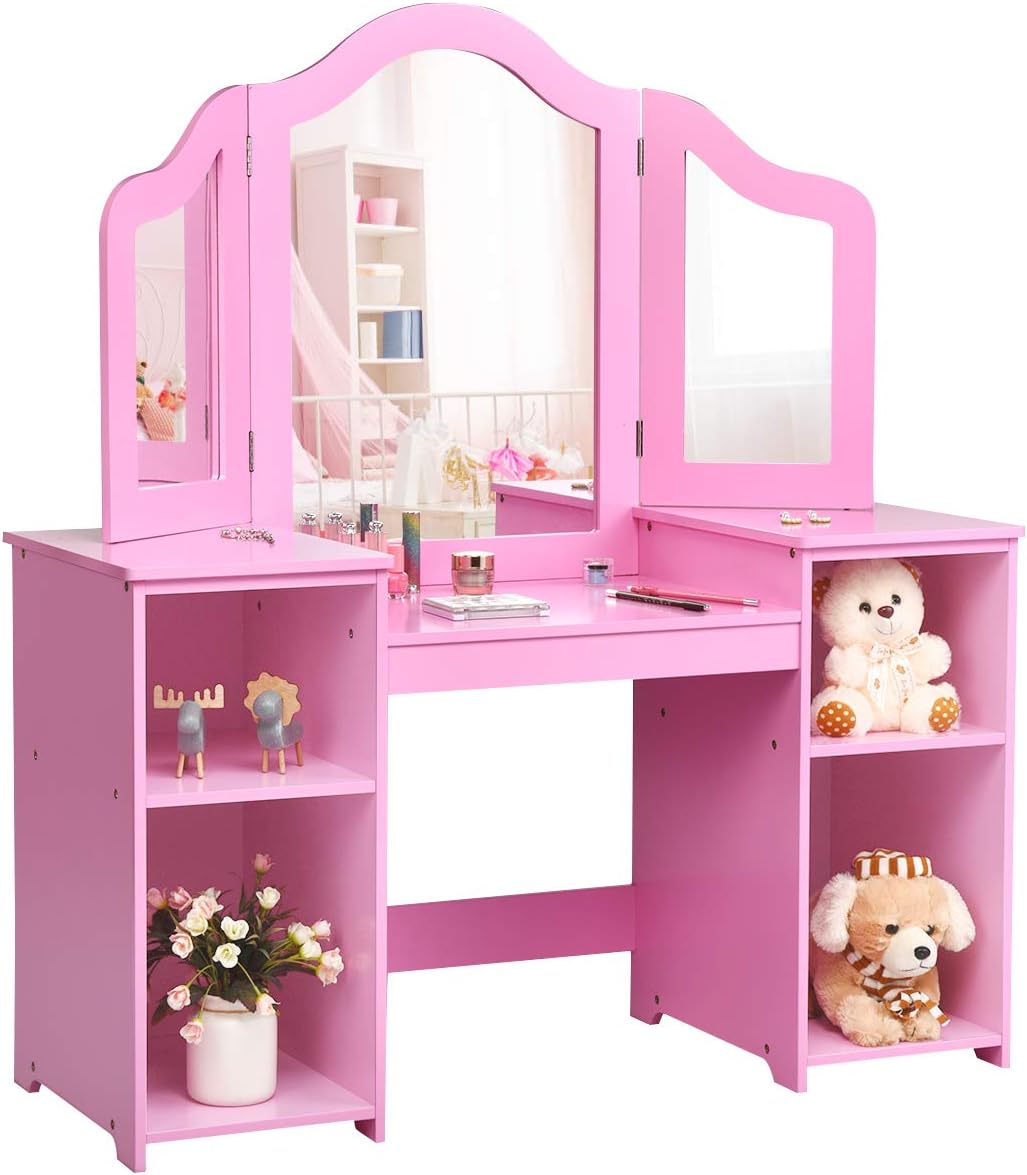 Toeletta per Bambini in Legno - Design Smontabile 2 in 1, Mobile da Trucco Stile Principessa con 4 Mensole e Specchio, Rosa
