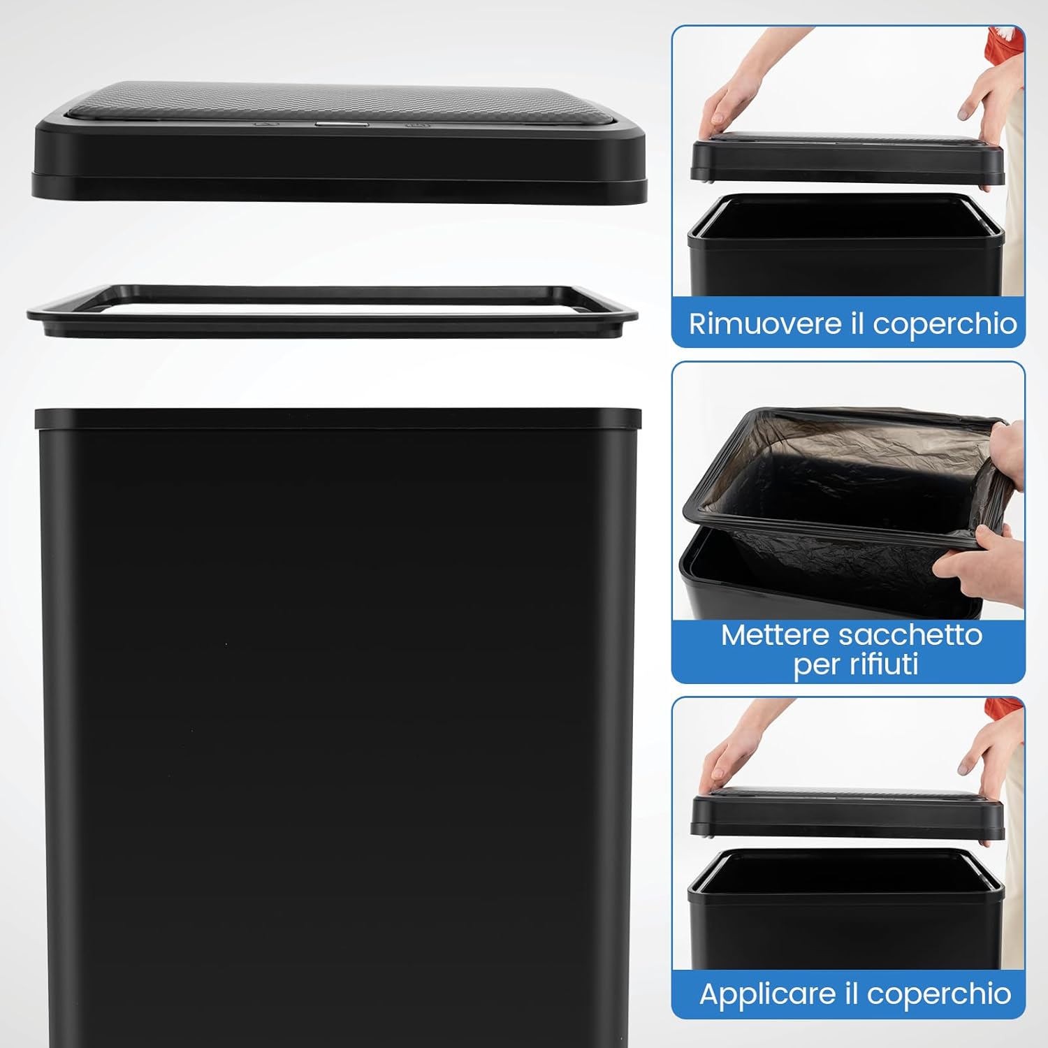 Bidone per Spazzatura in Acciaio Inossidabile 50L, Cestino per Spazzatura Automatico con Sensore di Movimento e Coperchio Rimovibile, con Gambe Staccabili per Cucina Ufficio (Nero)