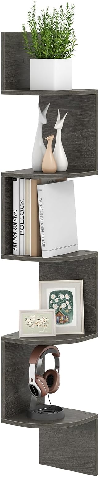 Scaffale Angolare a 5 Livelli, Scaffale Sospeso a Muro, Organizzatore di Stoccaggio a Parete, Espositore in Legno per Soggiorno Camera da Letto e Cucina, 20 x 20 x 126 cm (Grigio)