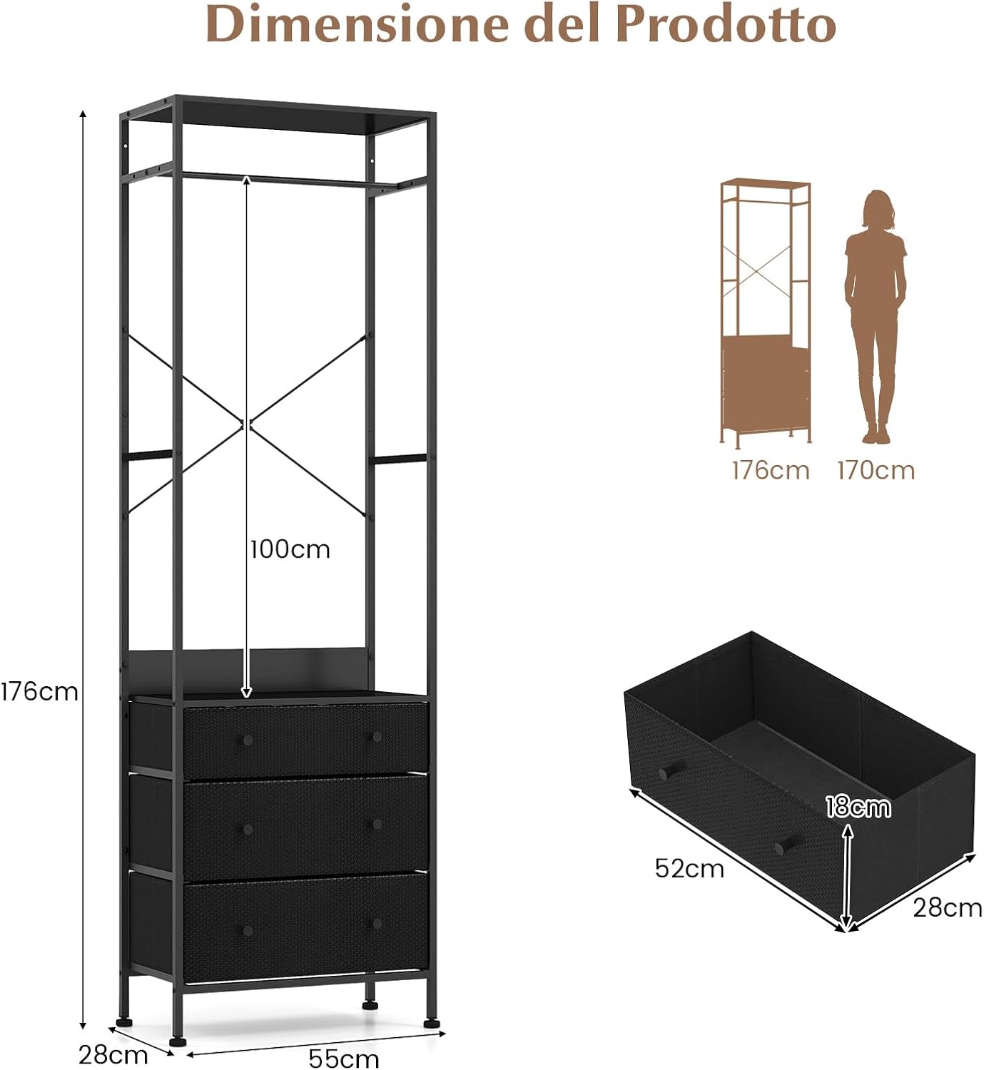 Appendiabiti con Cassetti in Tessuto, Armadio Autoportante con Asta Appendiabiti a 3 Posizioni e Ripiani di Stoccaggio, Ideale per Ingresso Camera da Letto, 55x28x176 cm (Nero)