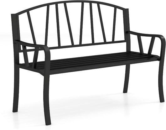 Panchina da Giardino in Metallo da 129 cm, Panchina con Doghe per 2-3 Persone, Loveseat in Stile Parco con Braccioli Curvati, Seduta Resistente per Esterno per Giardino, Piscina, Veranda