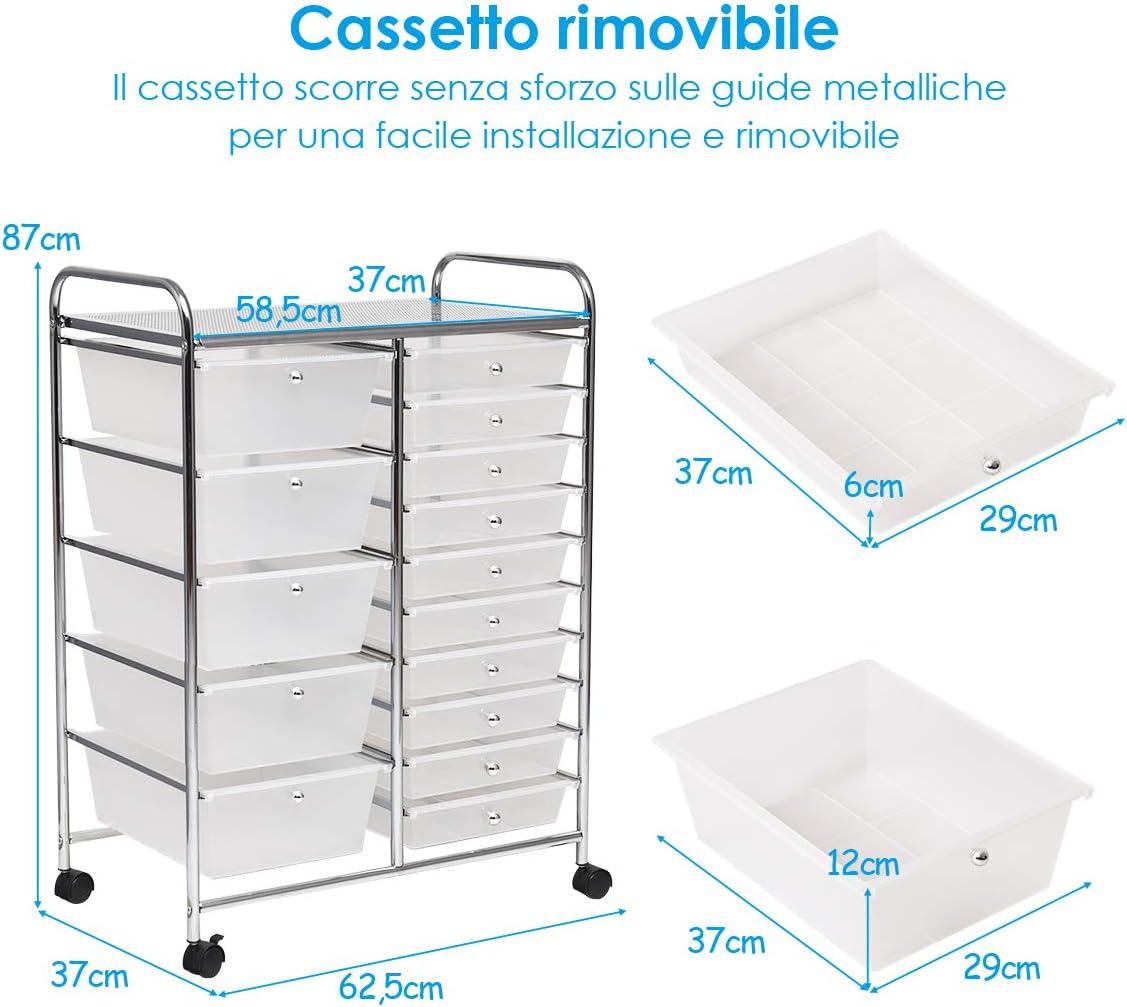 Carrello con 15 Cassetti Impilabili, Carrello di Stoccaggio con Ruote, Carello Portaoggetti per Casa e Ufficio, 62,5 x 37 x 87 cm (Chiara)