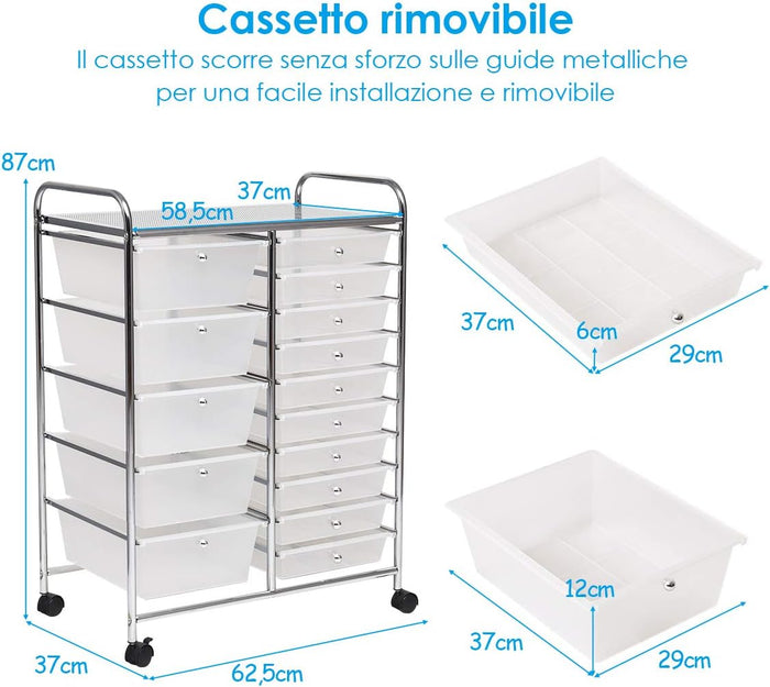 Carrello con 15 Cassetti Impilabili, Carrello di Stoccaggio con Ruote, Carello Portaoggetti per Casa e Ufficio, 62,5 x 37 x 87 cm (Chiara)