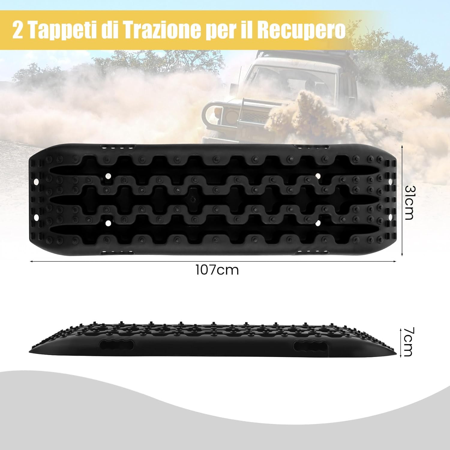 Tappetino di Trazione 2 Pezzi, Carico 10T, Piastre di Trazione per SUV Camper Auto Camion, Tavola di Recupero per Piste Offroad, per Sabbia, Neve, Fango (Nero, 107 x 31 x 7 cm)