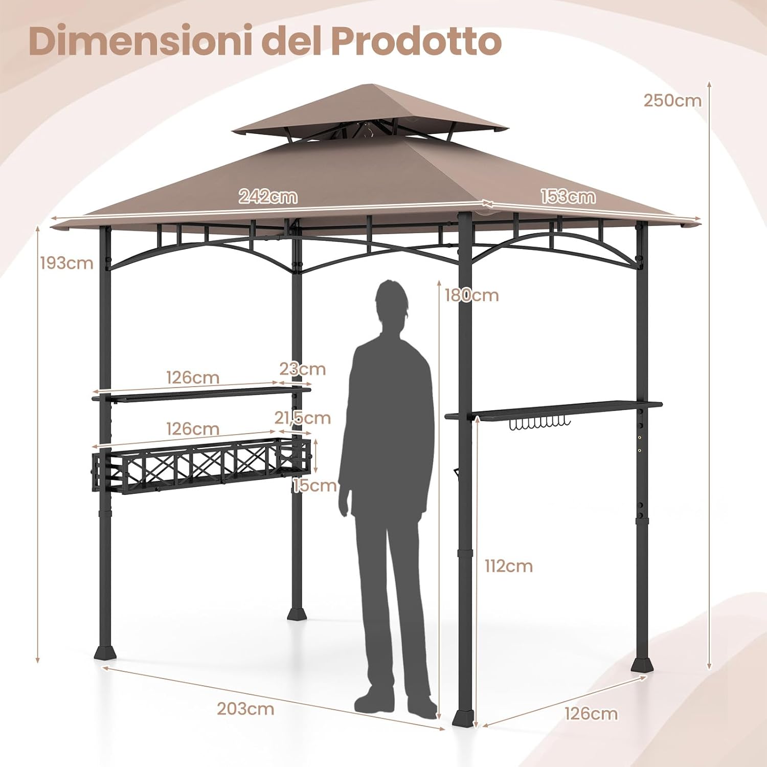 Gazebo per Barbecue, Pergola per BBQ con 2 Ripiani Laterali, Cestino, Ganci Appendiutensili, Apribottiglie, Copertura a 2 Livelli, per Giardino e Cortile, 242 x 153 x 250 cm (Marrone)