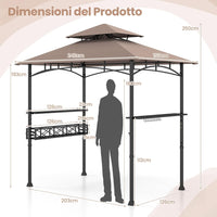 Gazebo per Barbecue, Pergola per BBQ con 2 Ripiani Laterali, Cestino, Ganci Appendiutensili, Apribottiglie, Copertura a 2 Livelli, per Giardino e Cortile, 242 x 153 x 250 cm (Marrone)