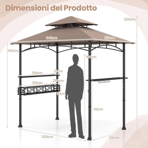 Gazebo per Barbecue, Pergola per BBQ con 2 Ripiani Laterali, Cestino, Ganci Appendiutensili, Apribottiglie, Copertura a 2 Livelli, per Giardino e Cortile, 242 x 153 x 250 cm (Marrone)