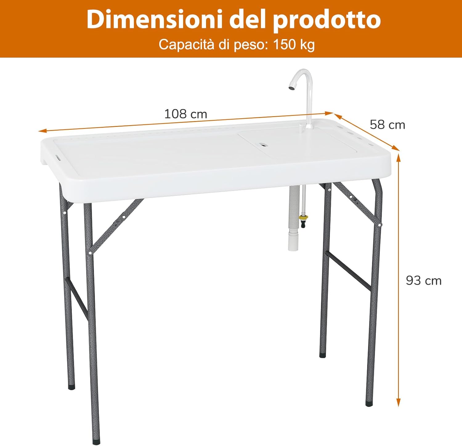 Tavolo da Campeggio Portatile, Tavolo Pieghevole con Lavello, Rubinetto Girevole a 360° e Tubo di Scarico, Portata 150 kg, 108 x 58 x 93 cm