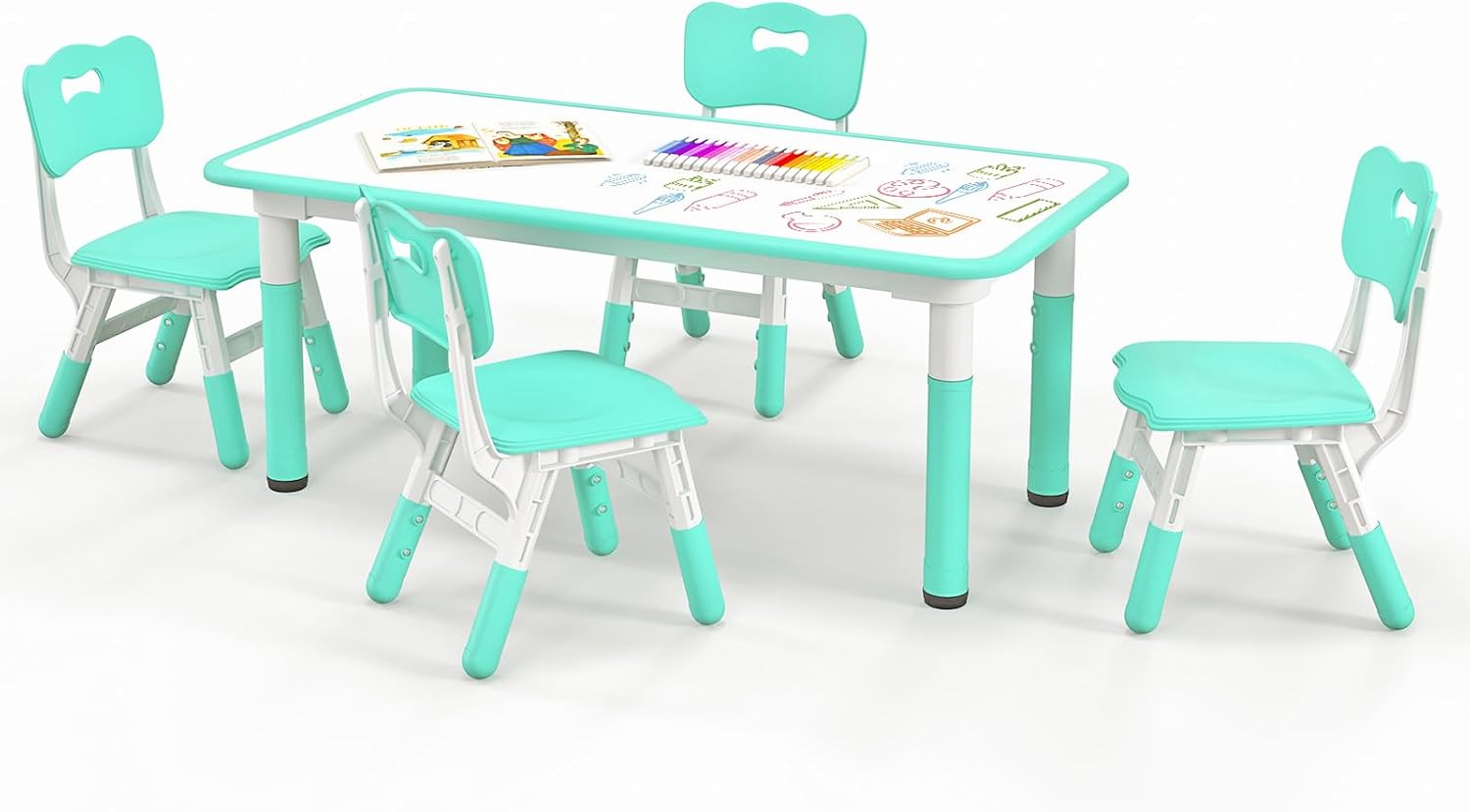 Set Tavolo e 4 Seide per Bambini, Scrivania Regolabile in Altezza con Piano Graffiti, Gambe Antiscivolo, Mobile Multifuzione con 4 Posti per Cameretta, Asilo e Scuola (Verde)