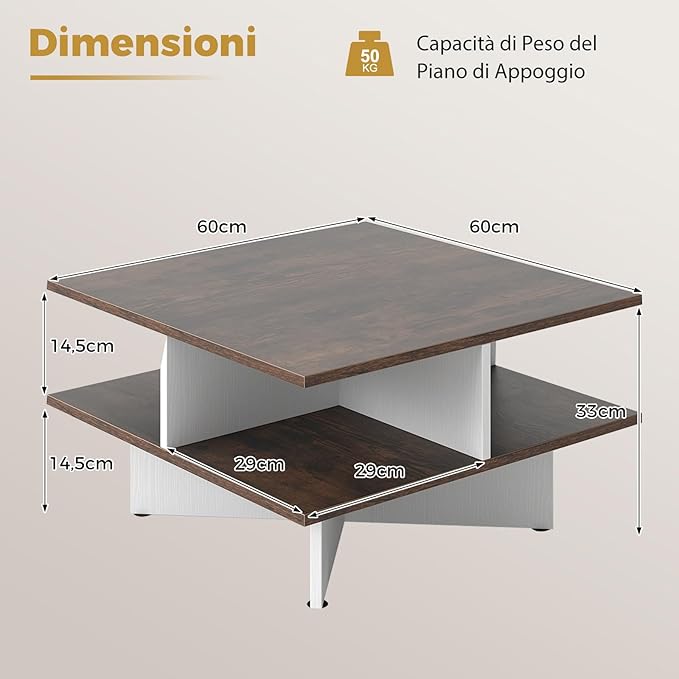 Tavolino da Caffè a 2 Livelli, Tavolo da Salotto con 4 Scomparti per Storage e Base a Croce, Tavolo Moderno per Studio, Ufficio e Soggiorno, Marrone e Bianco