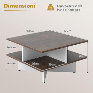 Tavolino da Caffè a 2 Livelli, Tavolo da Salotto con 4 Scomparti per Storage e Base a Croce, Tavolo Moderno per Studio, Ufficio e Soggiorno, Marrone e Bianco